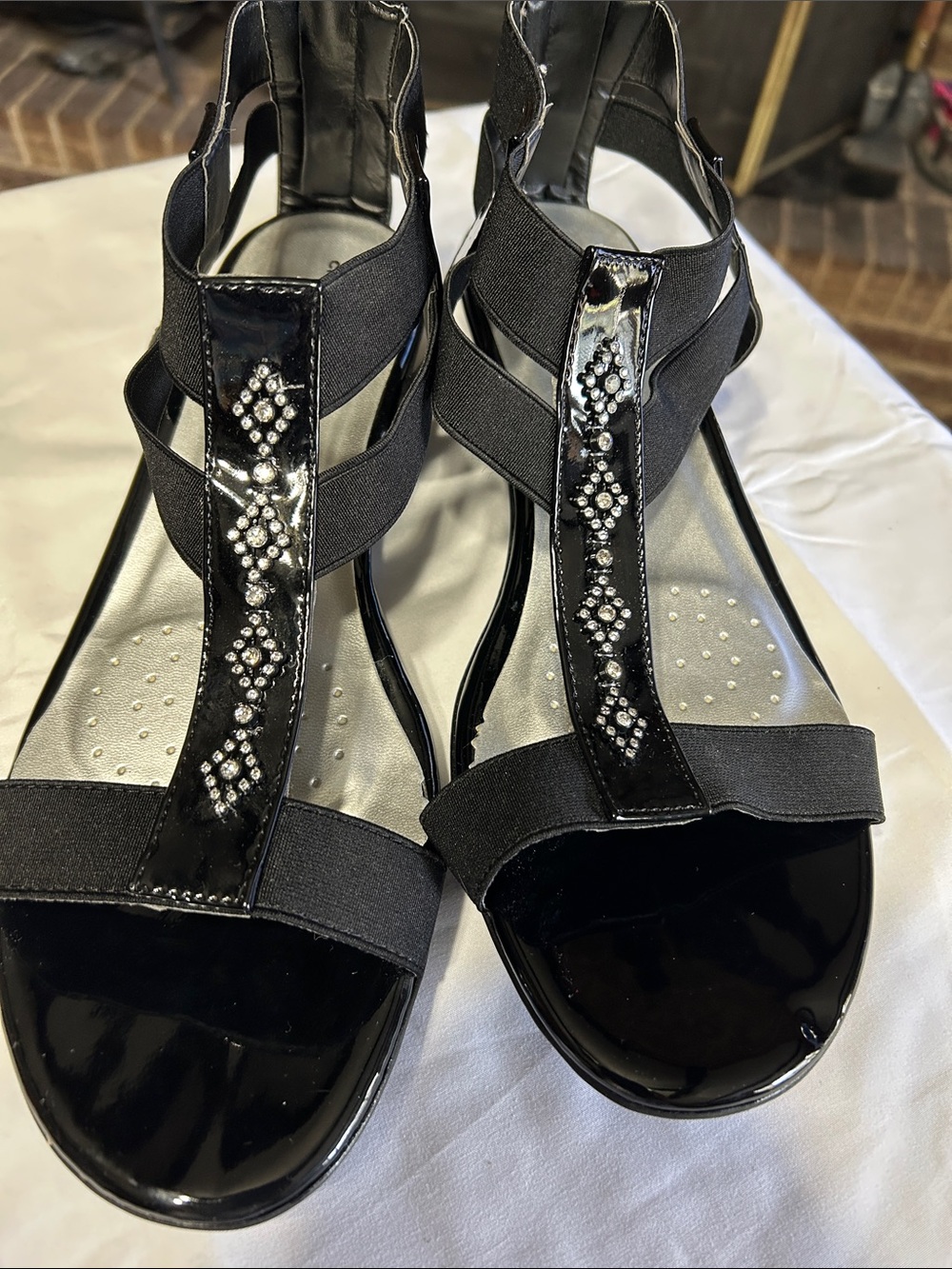 cloudwalkers Black T-Strap Sandals with Crystal Accents